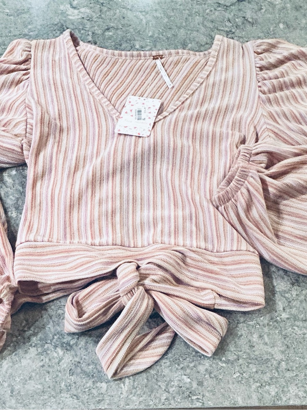 Free People Tie-Front V-Neck Long Sleeve Top in Striped Blush Pink - Picture 3 of 4